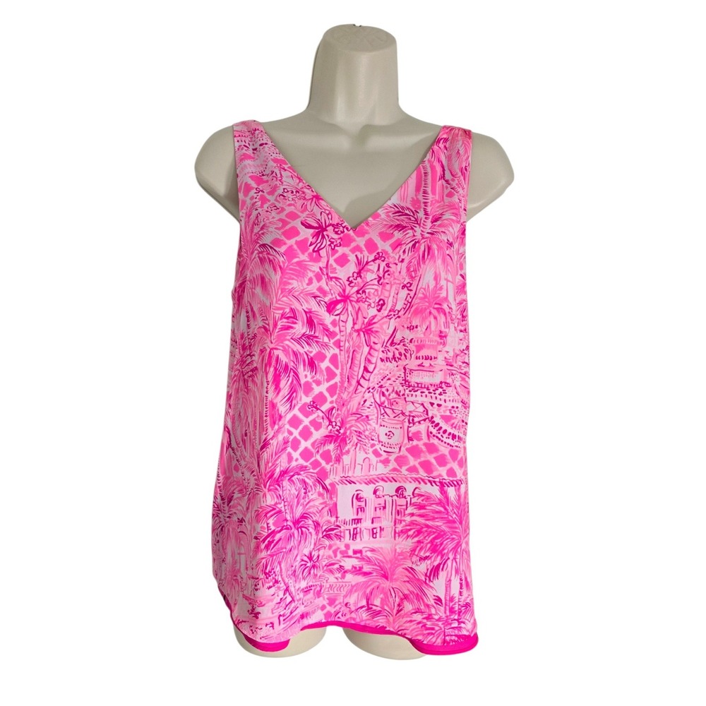 Lilly Pulitzer Florin Reversible Tank Top Pink White Tropical Palm Print V-Neck